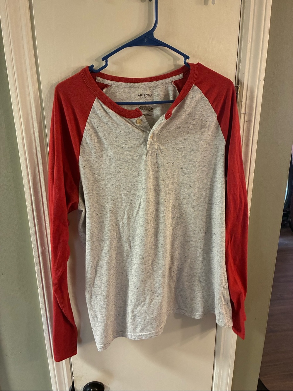 Men’s Large Arizona Long Sleeve T Shirt Gray With Red Sleeves Baseball Shirt